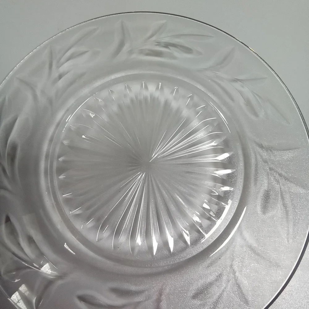 Vintage Clear Pressed Glass‎ 8 Inch Salad Plate Frosted Leaf Sunburst Design